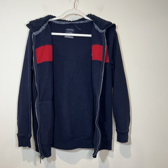 Nautica Boys Full Zip Up Sherpa Lined Hoodie Sweatshirt Navy Red XL 18/20 - Picture 3 of 8